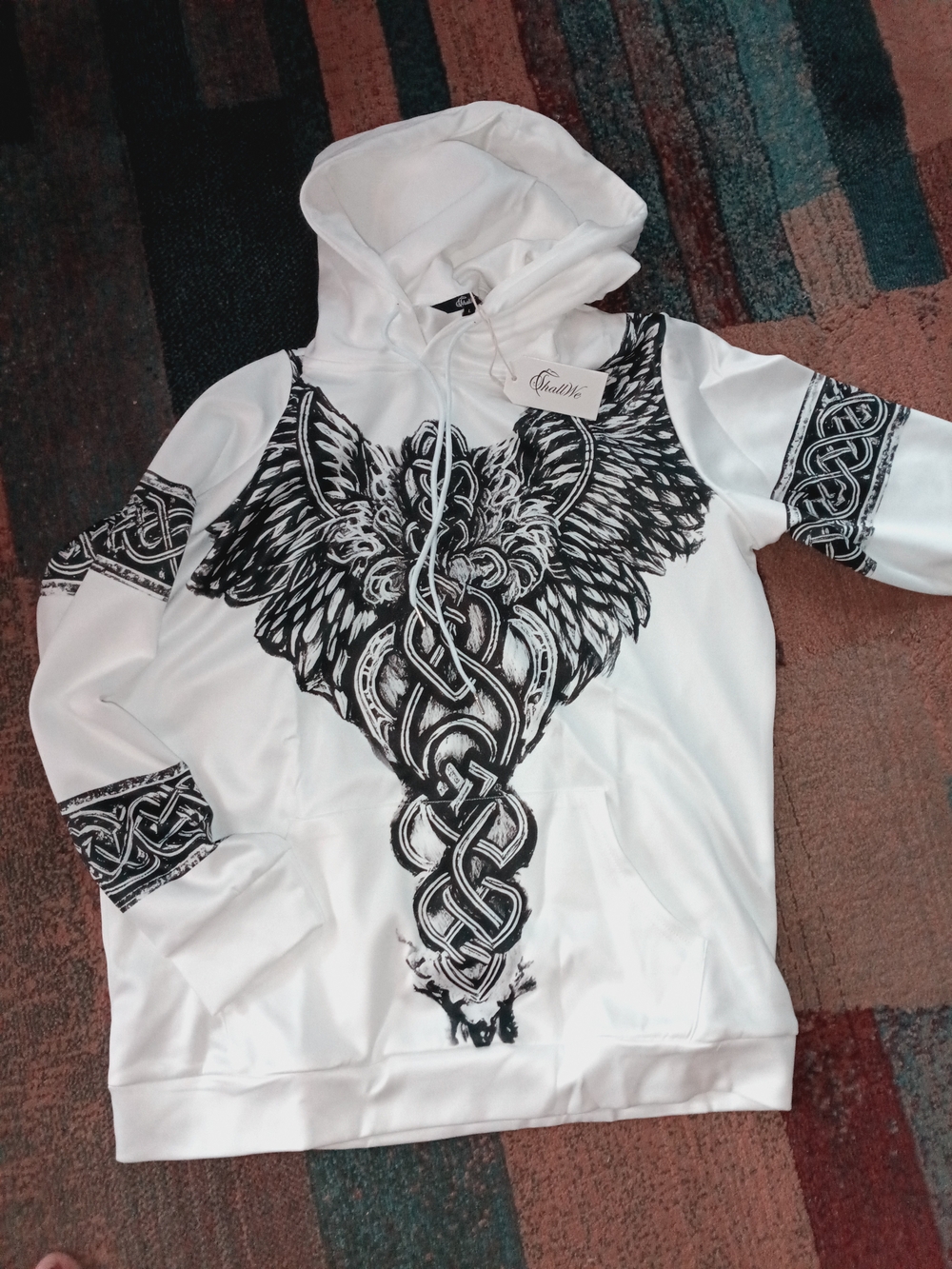 White Women's Cowl & Turtleneck Hoodie with Black Wing Knot Graphic